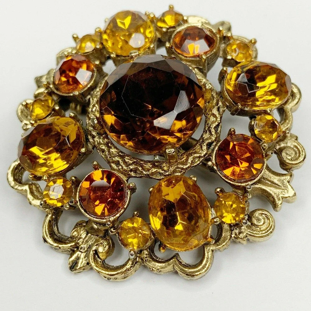 Vintage Amber Rhinestone Flower Brooch Pin - Picture 1 of 5